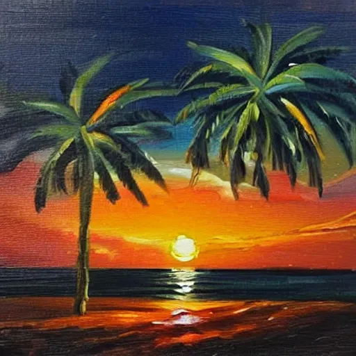 Image similar to a very very small island! woman!!! fireplace!! palm trees, dark very late evening cloudy sunset, dramatic and dynamic lighting, thick brush strokes oil impasto painting