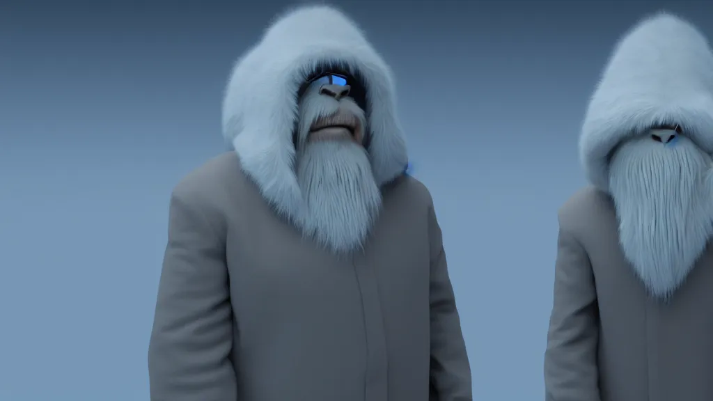 Image similar to a scientist who wears a scientist coat and has a yeti head for a head, 4 k, photorealistic, dramatic lighting