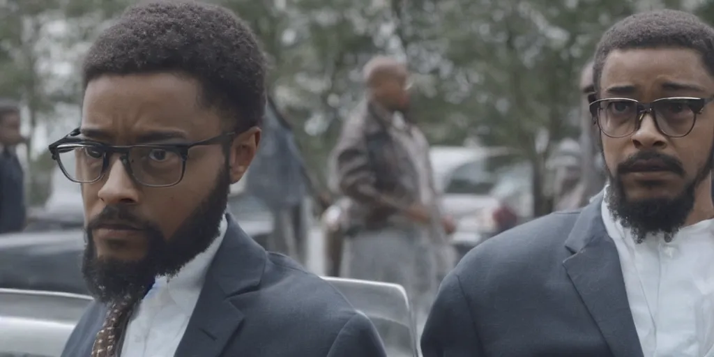 Image similar to Lakeith Stanfield as Malcom X in 'MALCOM' (2021), movie still frame