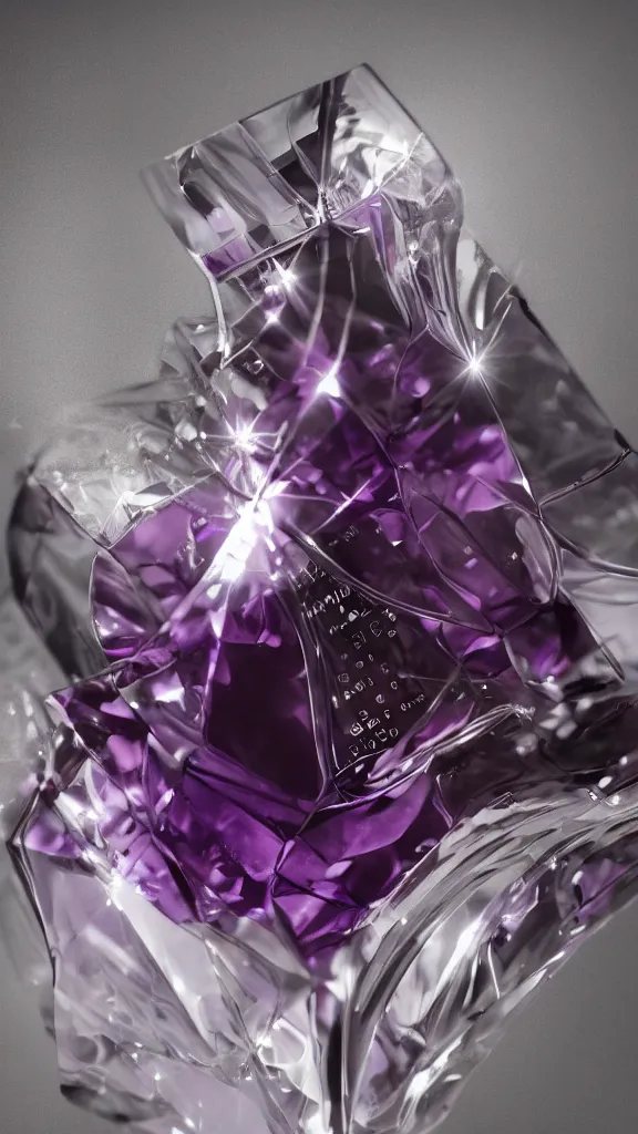 Image similar to close up shot of premium purple coloured perfume bottle, ultra detail, designer product, cinematic lighting, hd artstation, symmetrical, rendered, 4k