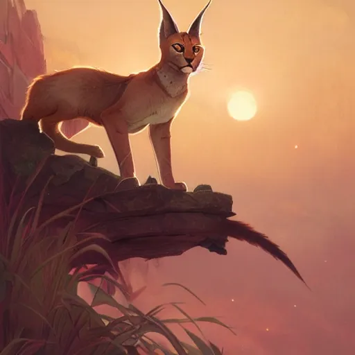 Image similar to Illustration of cute caracal chasing the moon through the sky, league of legends, LOL, fantasy, d&d, digital painting, artstation, concept art, sharp focus, illustration, art by greg rutkowski and alphonse mucha