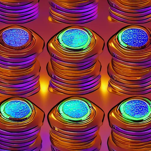 Prompt: Stacks of glowing coins in cyberspace, digital illustration by Adam S Doyle