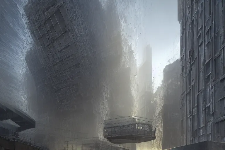 Image similar to streetscape, a towering cathedral of brutalist architecture, buildings covered with greebles, stunning volumetric light, sunset, metal, concrete and translucent material, stunning skies, majestic landscape, trending on Artstation, 8k, photorealistic, hyper detailed, unreal engine 5, IMAX quality, cinematic, epic lighting, in the style of Greg Rutkowski