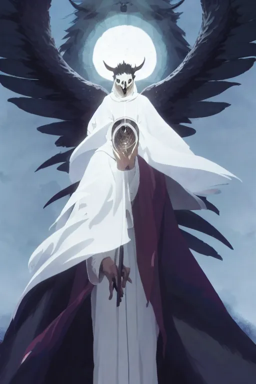 Image similar to raven headed warlock doing magic spells wind, white robes, finely detailed perfect face, exquisite details, mid view, design on a white background, by studio muti, greg rutkowski makoto shinkai takashi takeuchi studio ghibli