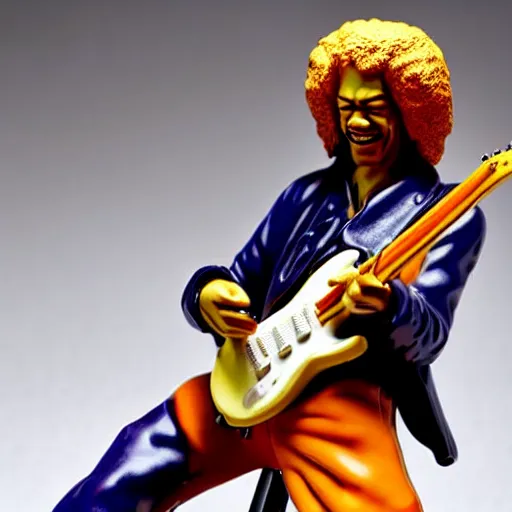 Image similar to a porcelain figurine of jimmy hendrix playing the guitar, product shot