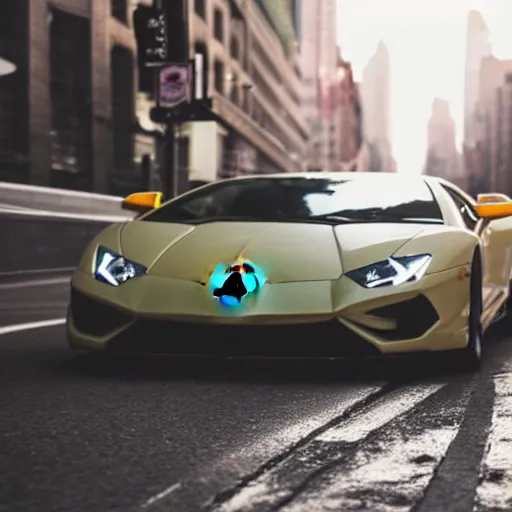 Image similar to a mushroom in a lamborghini speeding through nyc, cinematic, motion blur