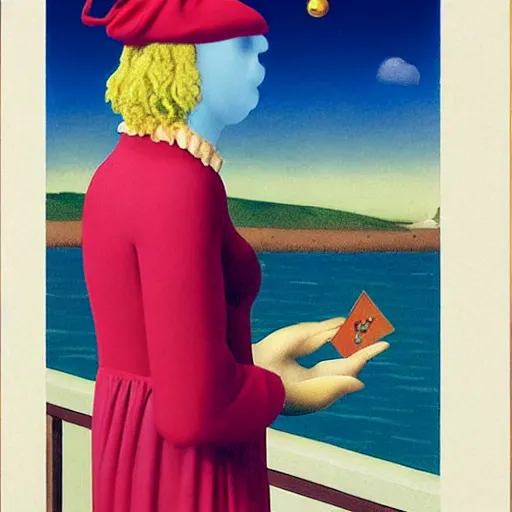 Image similar to A girl with jester hat and clothes on the front of a Balustrade with a beach on the background, major arcana cards, by Rene Magritte, hyperrealistic