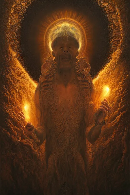 Prompt: Intricate stunning highly detailed deity by agostino arrivabene and Vladimir Kush, surreal, digital painting, ultra realistic, Horror vacui, dramatic lighting, full moon, thick black swirling smoke tornado, burning fire embers, artstation