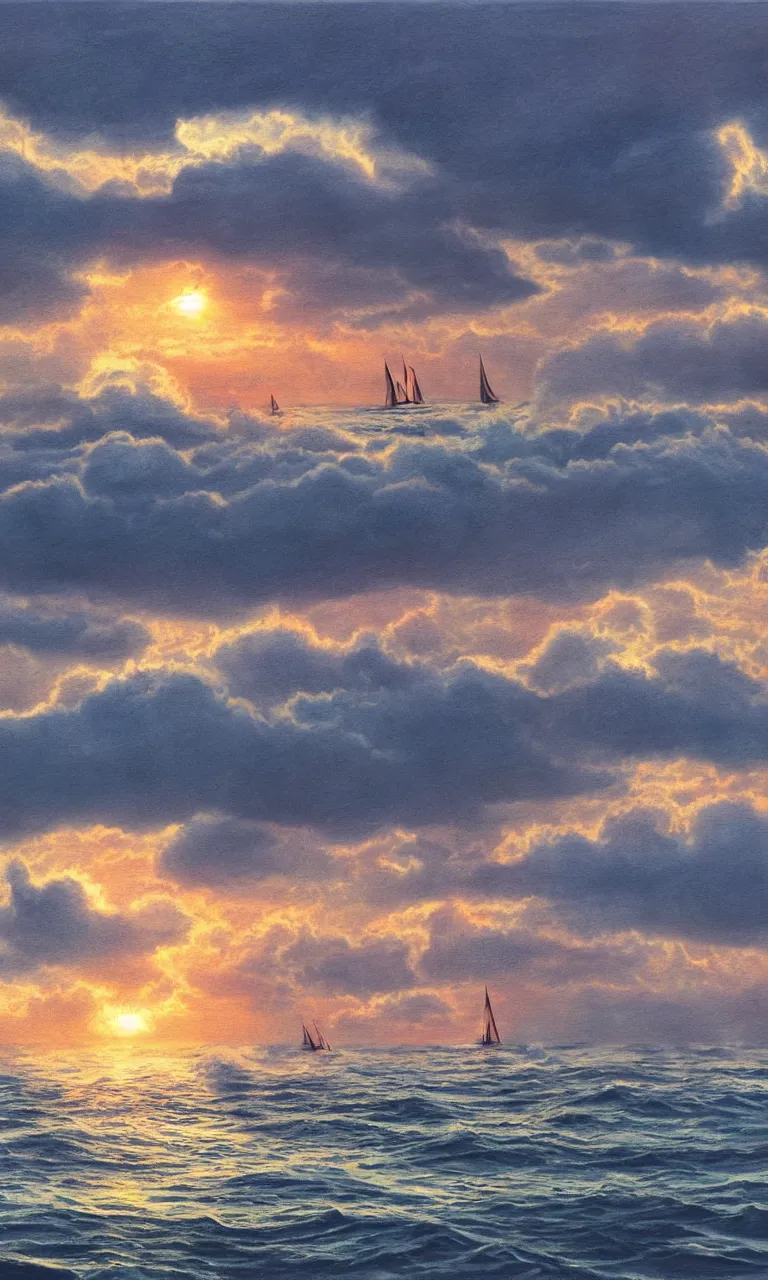 Prompt: sun setting over stormy sea, photo realistic, hyperreal, bough of sailboat in foreground