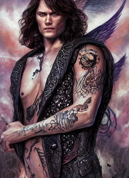 Image similar to Sam Winchester as an angel with religious tattoos on chest and neck, with glowing runes on the body, grimdark book cover style, D&D dark fantasy style, sharp focus, ultra detailed, art by Artgerm and Peter Andrew Jones, Ayami Kojima, Amano and Olivier Ledroit