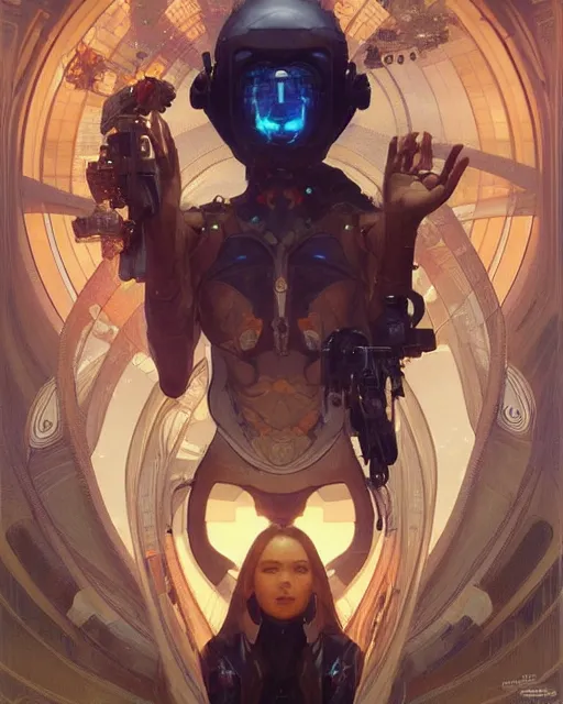 Prompt: portrait of a techno - optimist, cinematic lighting, scifi, intelligent, high detail, masterpiece, art by artgerm and greg rutkowski and alphonse mucha