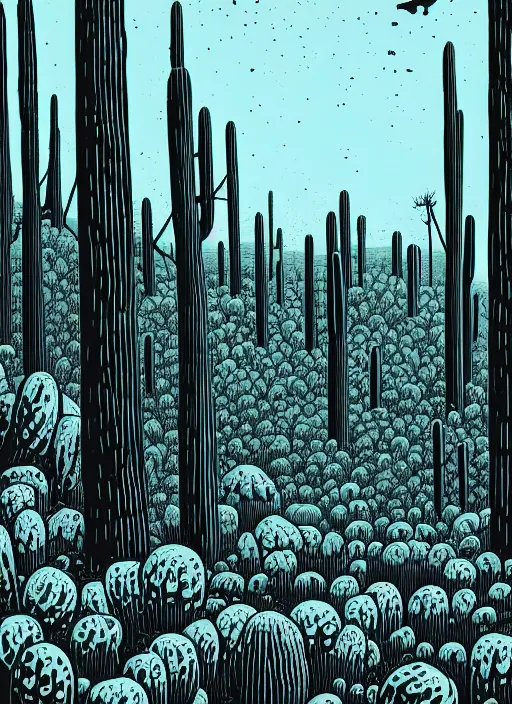 Prompt: art by brian reedy, a beautiful black ink linocut print of the giant cactus forest midwest, high plains, 8 k, frostbite 3 engine, cryengine, ground level shot, dof, trending on artstation, digital art, crepuscular ray