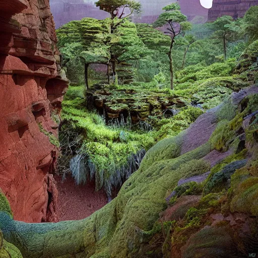 Prompt: A beautiful image of the grand canyon covered in moss, by beeple, trending on artstation,octane render, very hyper realistic ultra detailed universal room made of cameras of all sizes and models, cameras:2, by beeple and stalenhag and Lee madgwick and Phil straub,covered in moss,camera greebles, hasselblad greebles
