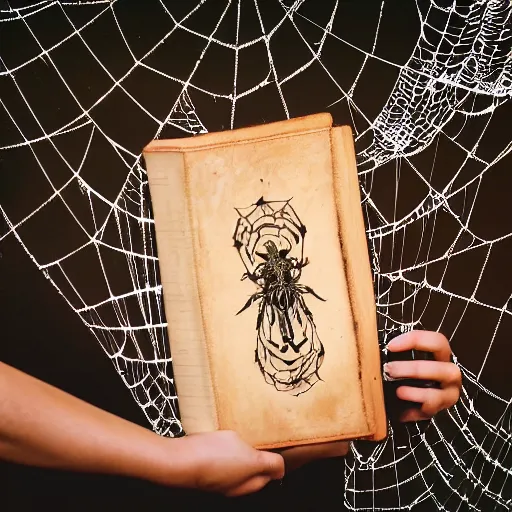 Image similar to Photo of a witch\'s wrinkled hand with long fingernails holding an ancient grimoire with a scary logo covered in spiderweb in a cursed forest