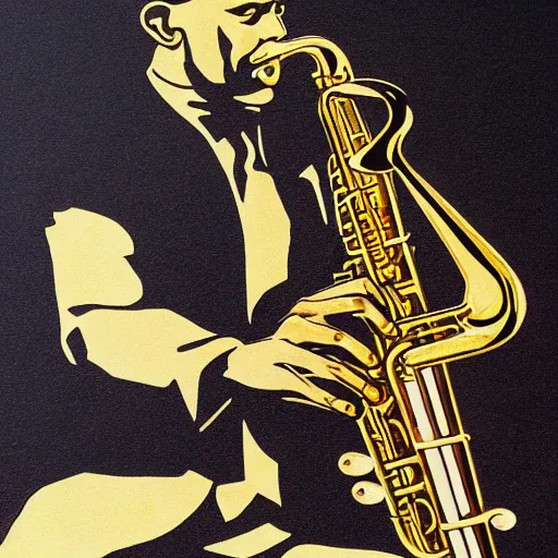 Prompt: marquetry art of jazz musician playing trumpet solo