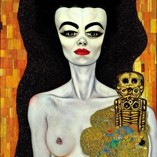 Image similar to bride of frankenstein influenced by gustav klimt.