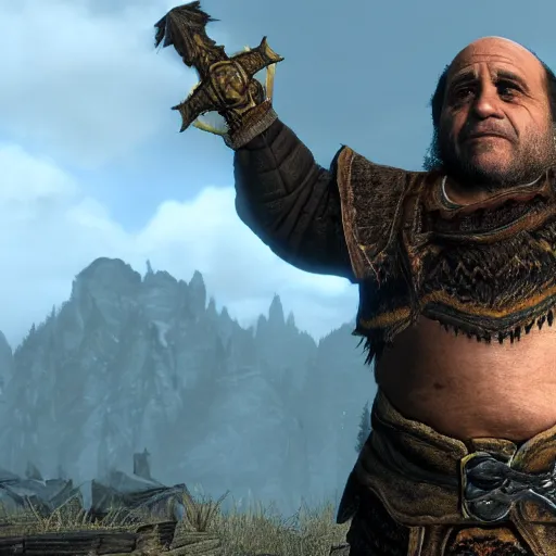 Image similar to Danny DeVito in Skyrim, 4k HDR