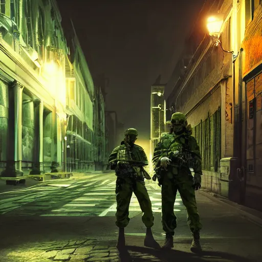 Image similar to soldier and angle met at night time, filmic, dramatic, night vision, wide angle, vignette, only green color, 4 k, 8 k, sad, devil, cinematic lighting, insanely detailed and intricate, hypermaximalist, elegant, ornate, hyper realistic, super detailed