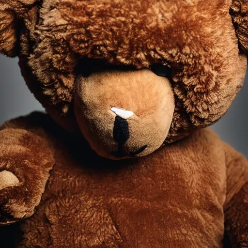 Image similar to the face of kanye west wearing a full teddy bear costume at 4 2 years old, portrait by julia cameron, chiaroscuro lighting, shallow depth of field, 8 0 mm, f 1. 8