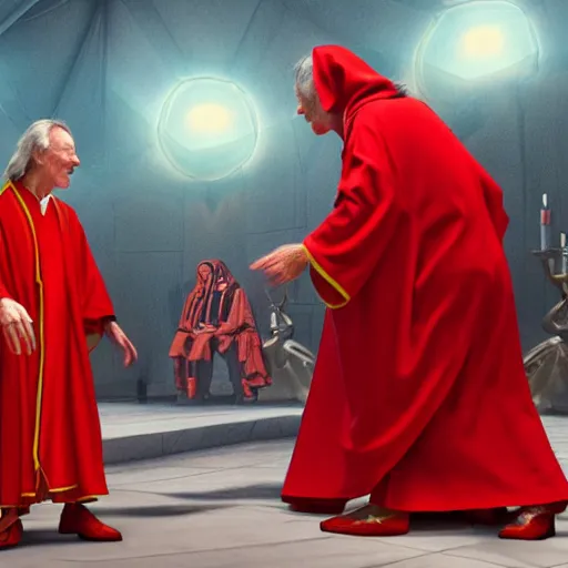 Prompt: octane render by mort kunstler and annie leibovitz and angus mckie, a line of people in colorful tunics receiving holy communion from a monstrous alien creature in a red cardinal robe, 4 d, 4 k, volumetric lighting, ray traced lighting, ultra - detailed