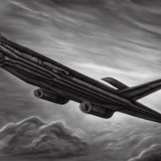 Image similar to illustration of a plane flying in the style of H. R. Giger, realistic painting, high definition, digital art, matte painting, very detailed, realistic