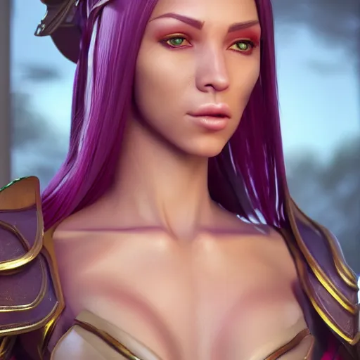 Image similar to portrait of a beautiful female high elf with tan skin, magenta eyey, dark skin. 3 d octane render trending on art station 8 k