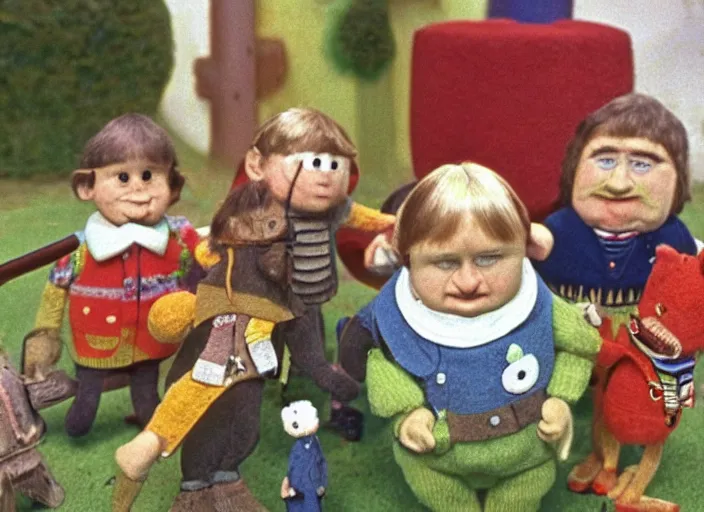 Prompt: a still from a 1 9 7 0 s british children ’ s tv programme by the bbc and oliver postgate, stop motion animation, vhs distortion
