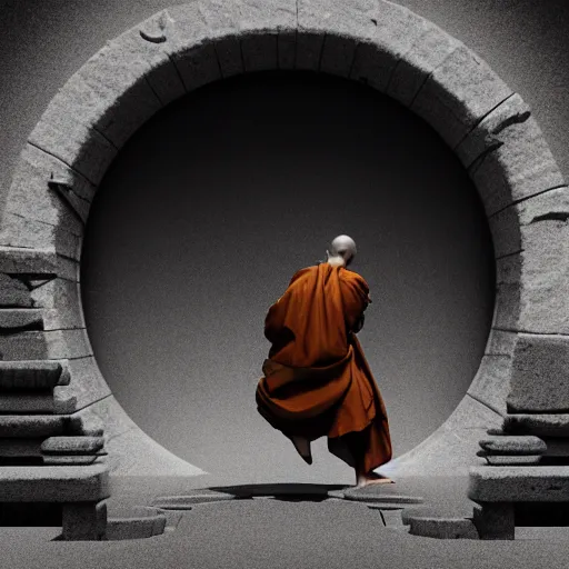 Image similar to photorealistic illustration of a monk discovering a portal to the deep, octane render, 8 k, cinematic lighting, exquisite details, dark atmosphere, psychedelic, 1 9 6 0 s