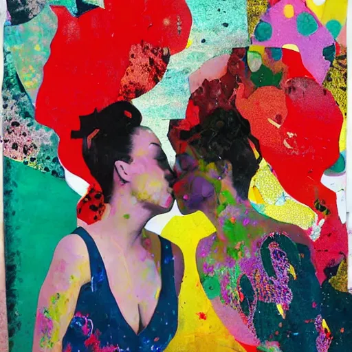 Image similar to two women kissing at a carnival, mixed media collage, retro, paper collage, magazine collage, acrylic paint splatters, double exposure,