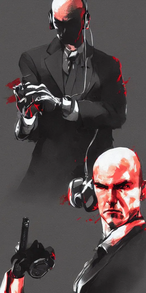 Prompt: a portrait of agent 4 7 from hitman wearing headphones, dark background, red rim light, digital art, artstation, art by yoji shinkawa