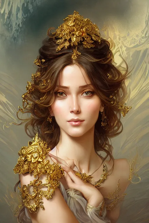 Image similar to a photograpic portrait of a pretty woman, rococo, gold, fantasy, intricate, elegant, highly detailed, digital painting, artstation, concept art, smooth, sharp focus, illustration, art by artgerm and greg rutkowski and alphonse mucha