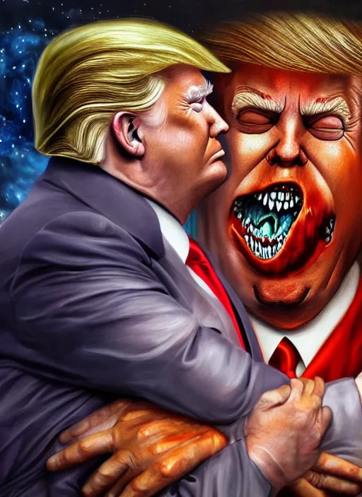 Prompt: donald trump hugging gengar cosmic horror painting, elegant intricate digital painting artstation concept art by mark brooks and brad kunkle detailed