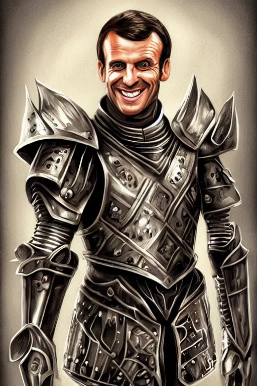 Image similar to emmanuel macron smiling while wearing armour, highly detailed, digital art, sharp focus, trending on art station