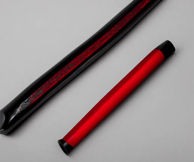 Prompt: a photo of a black and red katana, with the blade half way in a black and white sheathe, studio lighting, product photo