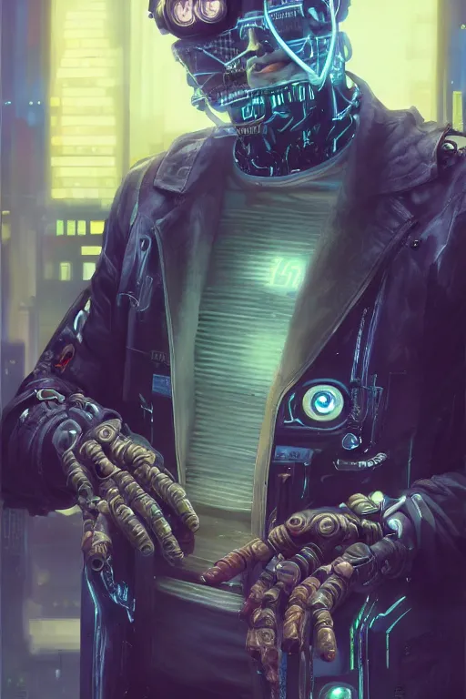 Image similar to a full body illustration of an male cyberpunk character wearing bionic implants, criminal mugshot, bald, bearded, highly detailed, oil on canvas, soft lighting, neon pastel colors, by WLOP and Greg Staples, HD, 4K