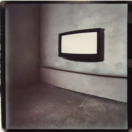 Image similar to dark concrete room with a tv on the ground, the tv has a face obscured by static on a dark background, creepy, eerie, old polaroid, expired film,