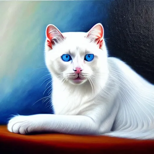 Prompt: epic professional oil painting of a gorgeous white cat with blue eyes, epic, stunning, gorgeous, intricate detail, much wow, 4K, masterpiece