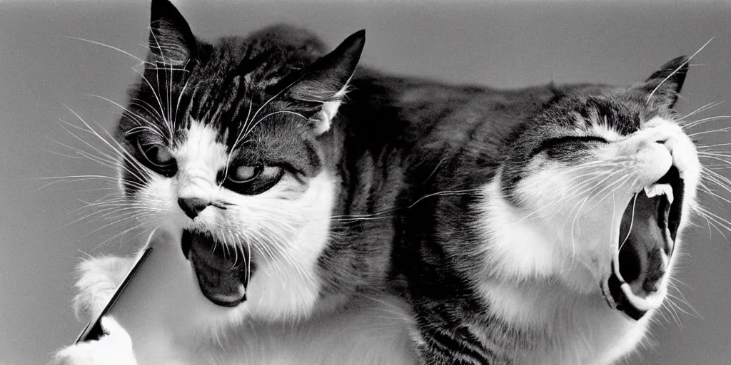 Prompt: an old balck and white photo, film grain, 1900 of an angry cat meowing into a rotery phone, clear, serious, funny