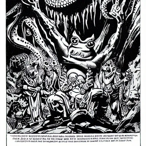 Prompt: Frog-headed men worship a statue of Cthulu in a dark cave. D&D. Pen and ink. 1980s Black and white. Mike Mignola, Larry Elmore.