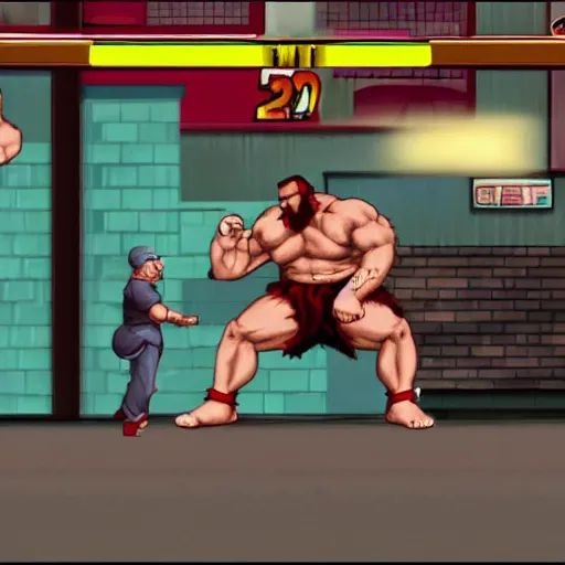 Prompt: street fighter screenshot of Zangief piledriving an elderly man during their fight in a laundromat