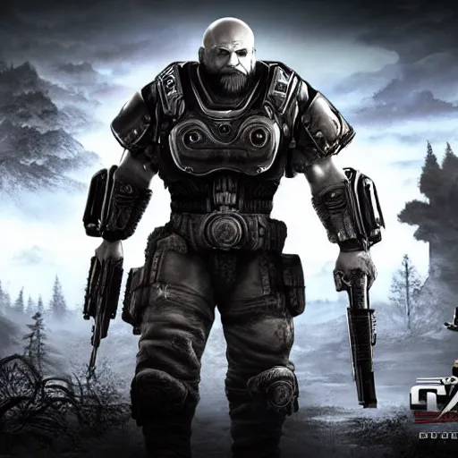 Image similar to Bob Ross in Gears of War, gloomy unreal engine 5 render