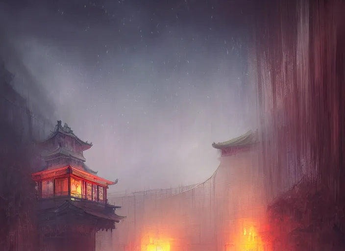 Image similar to a chinese prison at night lit by the stars, wispy smoke, highly detailed face, very intricate, symmetrical, cinematic lighting, award - winning, painted by mandy jurgens, peter doig, dystopian, bold colors, dark vibes, featured on artstation