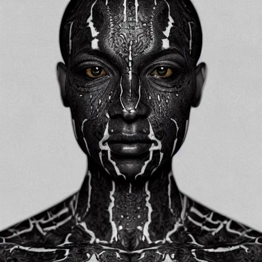 Image similar to : black human with ancient pattern skin all over hyper detailed art station  dalle2 unity contest winners unrealengine trending on artstation,cinematic, hyper realism, high detail, octane render, 8k