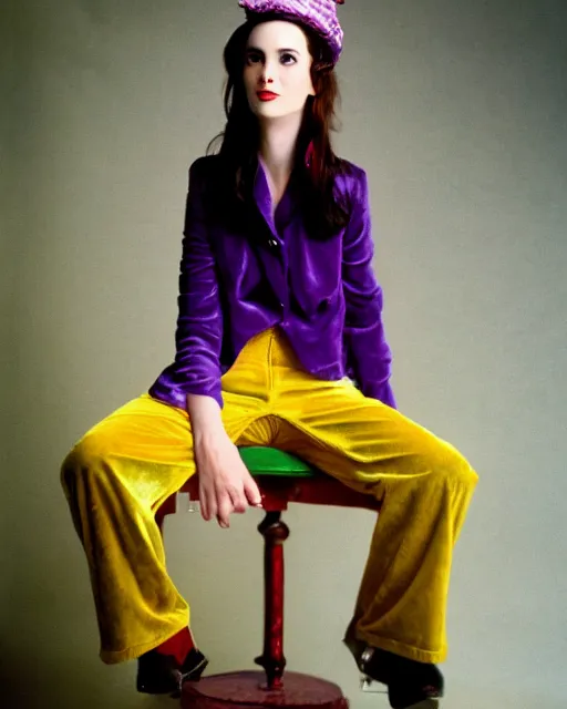 Prompt: photos of young winona ryder wearing a yellow leather jacket, green corduroy pants, a red silk blouse, and purple velvet top hat on her head, photoshoot in the style of annie leibovitz, photorealistic, soft focus, bokeh, 5 0 mm