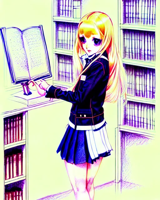 Image similar to young female prep school student with medium length bright blonde hair and pale skin, in an old study room, complex artistic color ink pen sketch illustration, subtle detailing, artwork by Artgerm and Range Murata.