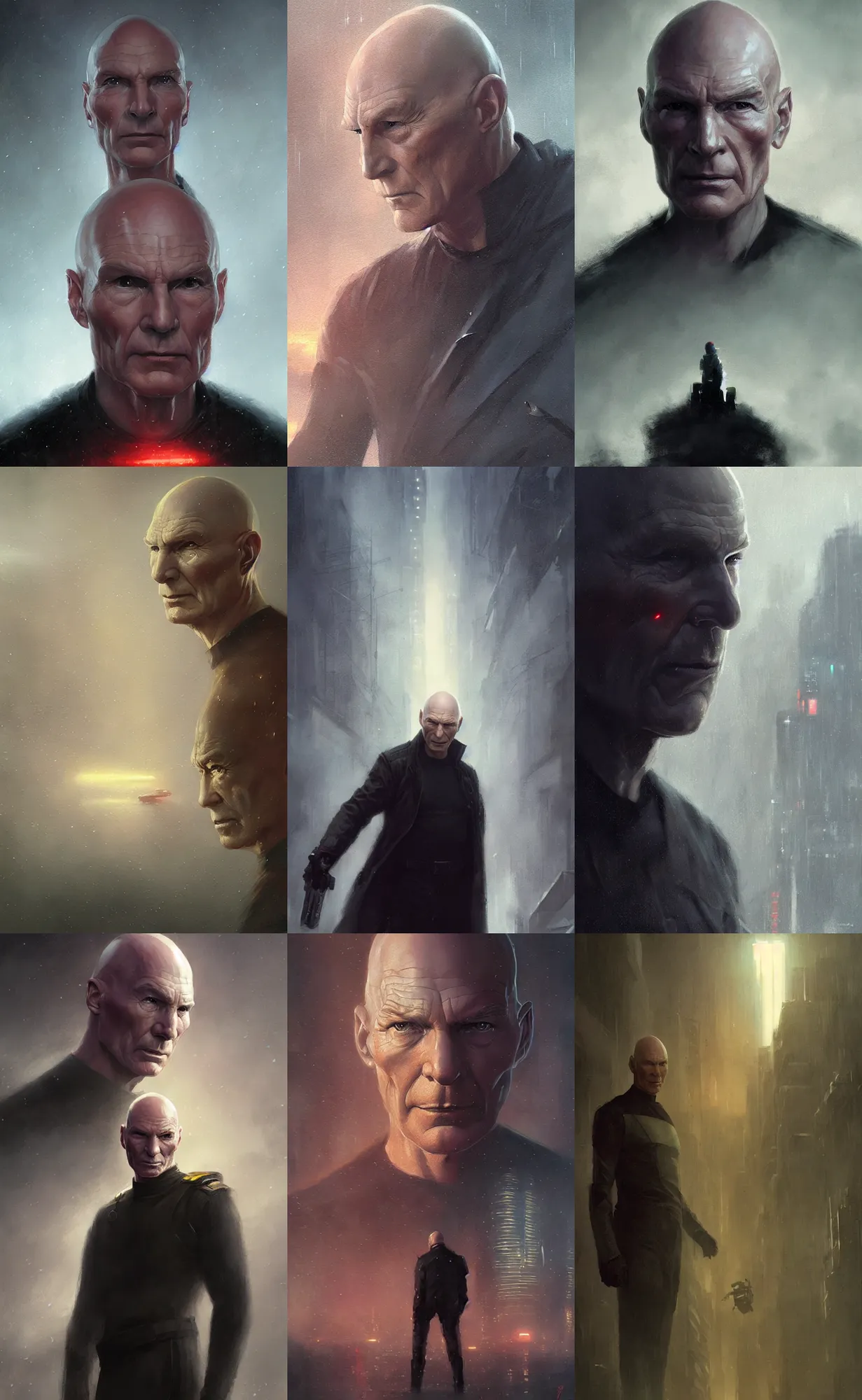 Prompt: captain picard as blade runner, concept art, detailed face, fantasy, highly detailed, cinematic lighting, digital art painting by greg rutkowski