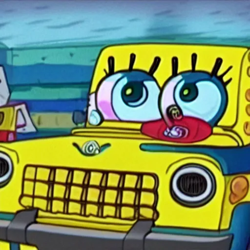 Image similar to cctv footage of spongebob stealing a jeep wrangler, high quality, high resolution