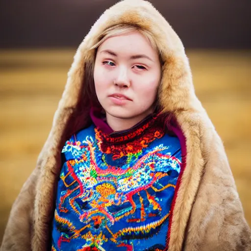 Prompt: portrait photograph shot on petzval lens of an extremely beautiful!!!! young blonde female with symmetric face posing. with a very detailed barn owl!!!!! on her shoulder. wearing mongolian traditional outfit in iceland. shallow depth of field. featured on flickr, art photography,