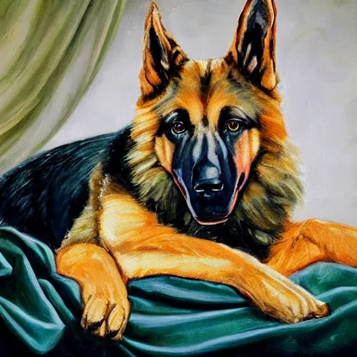 Image similar to a oil painting of a anthropomorphic german shepherd beast - man, wearing military outfit, lying on a humble unmade bed wrinkled bed sheets