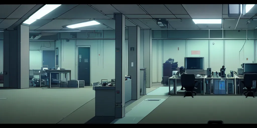 Image similar to an empty quiet quiet after hours cyberpunk police office office in the cyberpunk neon noir anime film, Shichiro Kobayashi, screenshot in the anime series ergo proxy ergo proxy ergo proxy and Detroit metal city, interior